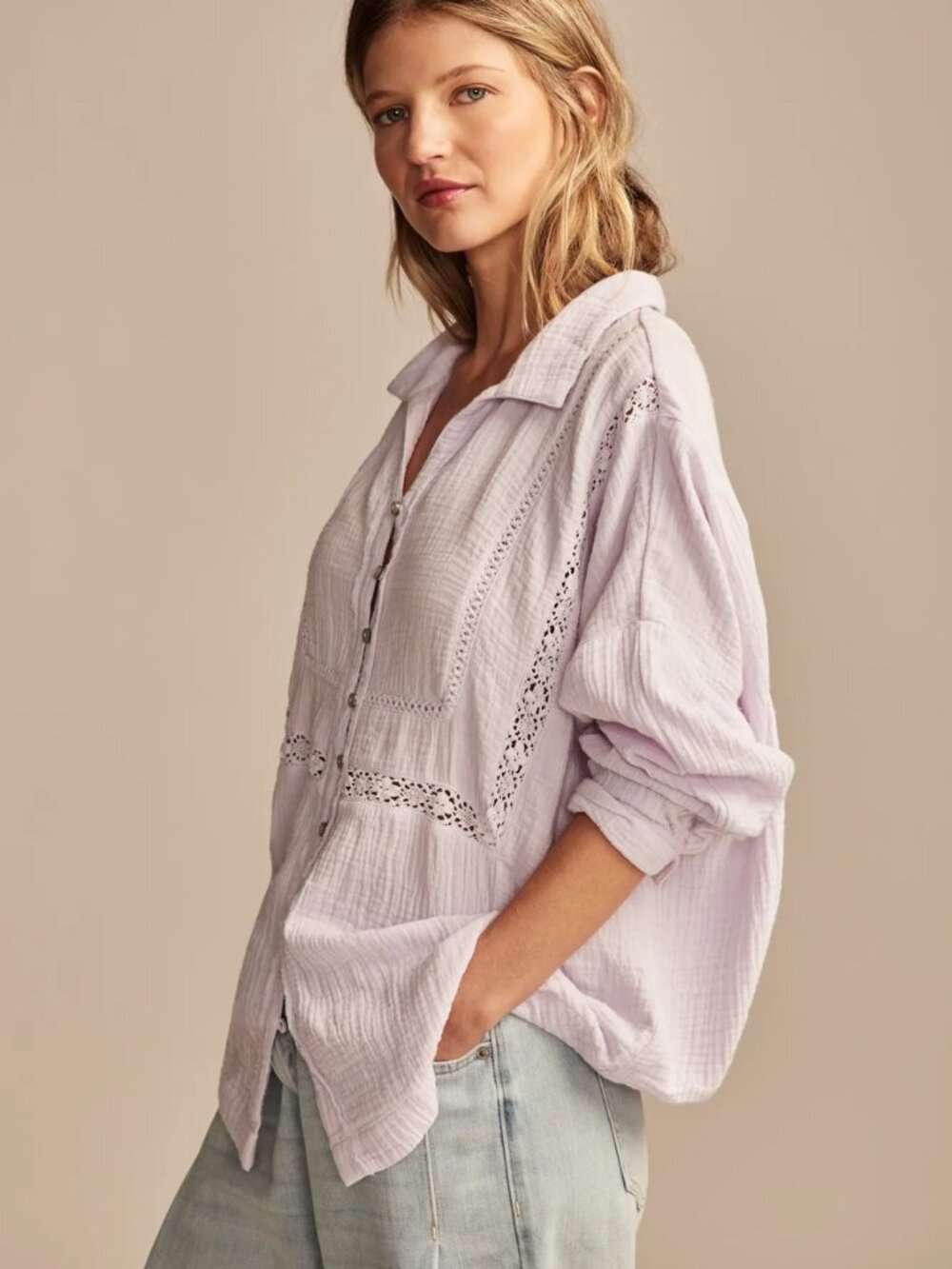 Lucky Brand Lavender Purple 100% Cotton Gauze Lace Trim Button Front Blouse XS